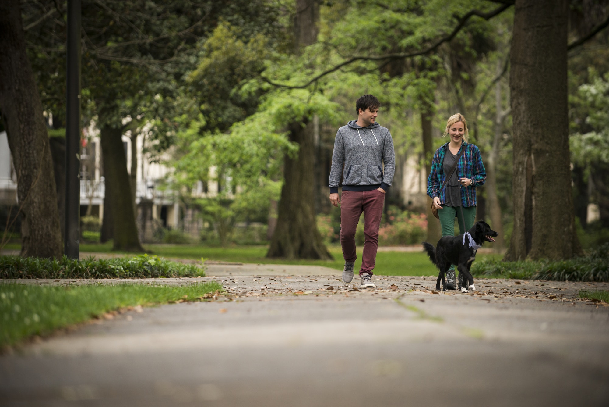 Couple walking dog in park, Savannah, Georgia, USA