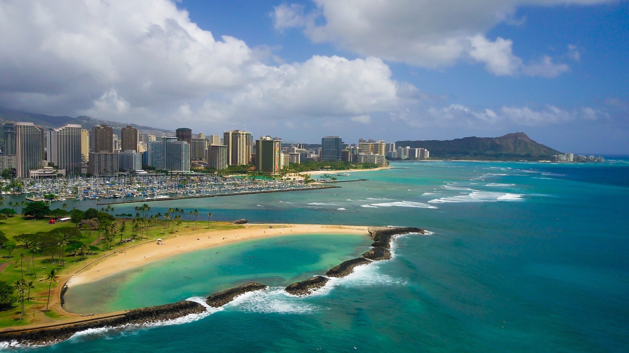 Magic Island with the Honolulu cityscape in the background